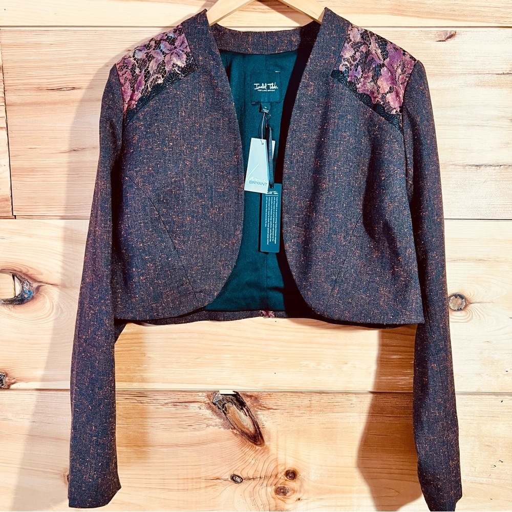 NWT Isabel Toledo Brown Bolero Jacket with Lace Accents Size 14 Boho